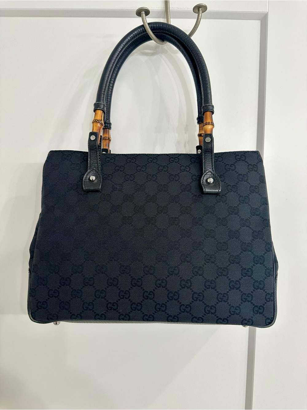 Gucci Black GG Canvas Tote with Bamboo Handles